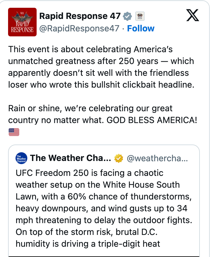 A societal media station from Rapid Response 47 criticizes a upwind forecast for a chaotic event, emphasizing patriotism and resilience