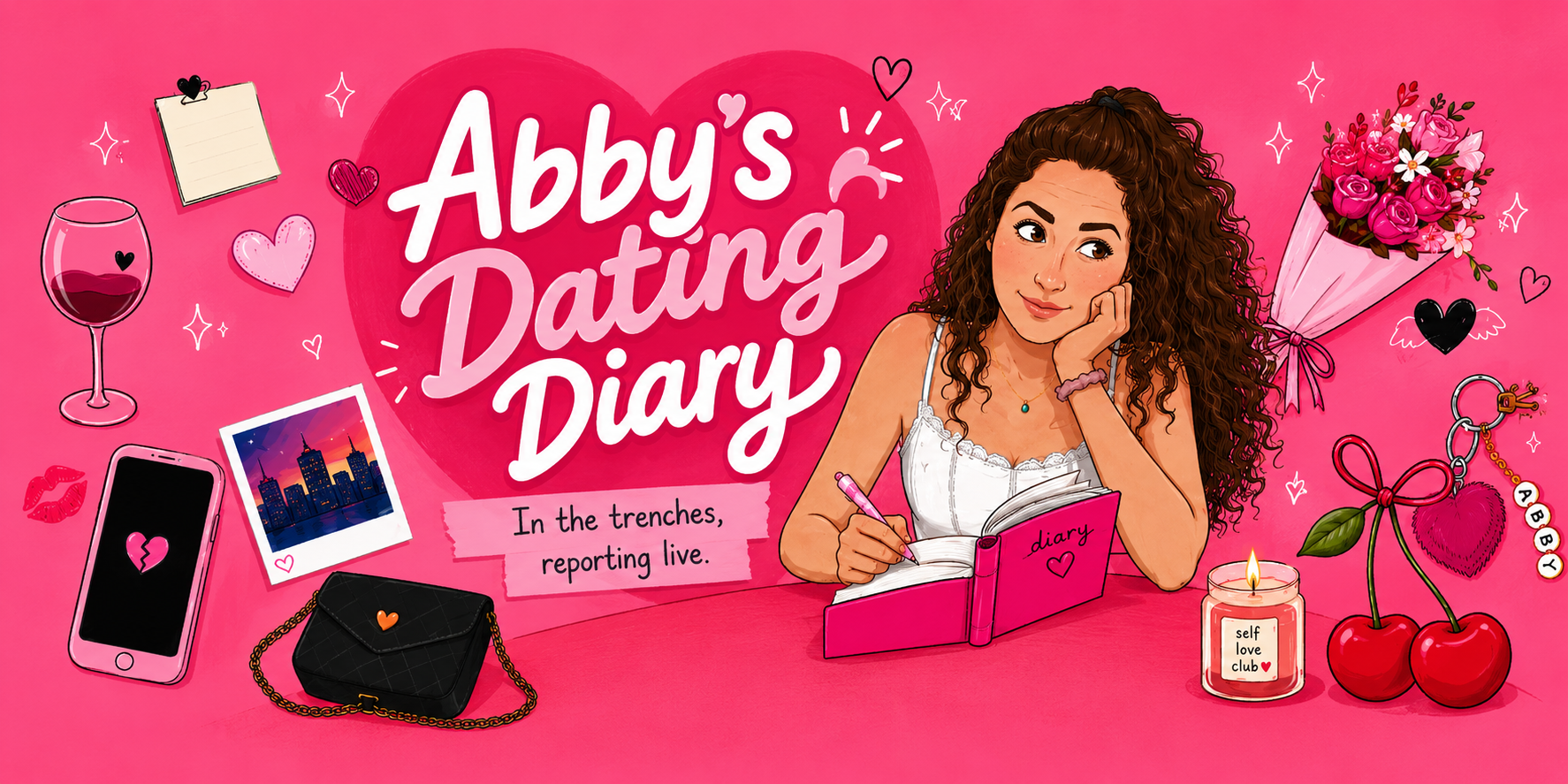 Kvinne med krøllete hår skriver i dagbok; omgitt av dating-tema som en telefon, vin og blomster; bildetekst: "Abby's Dating Diary: I skyttergravene, rapporterer live."