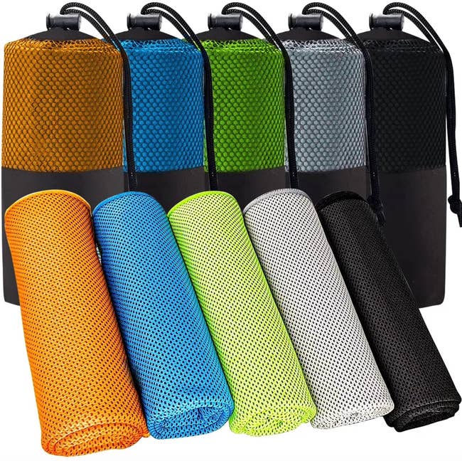Four mesh bags, each   holding a rolled microfiber towel.