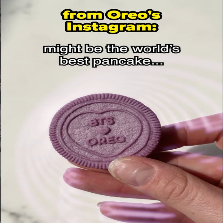 A hand holds a purple cookie with "BTS" and "OREO" stamped on it. Text: "might be the world's best pancake..."