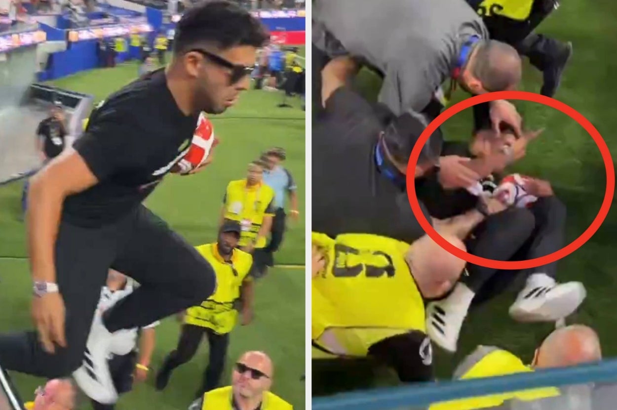 Fan with a ball jumps onto field; tackled by security