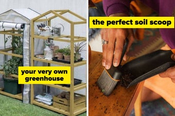 On the left, a backyard greenhouse with plants; on the right, a person using a small scoop for soil. Text: "your very own greenhouse" and "the perfect soil scoop!"