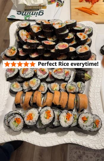 A platter of assorted sushi rolls includes seaweed-wrapped rolls with food and vegetables, and rice-wrapped rolls with salmon connected top