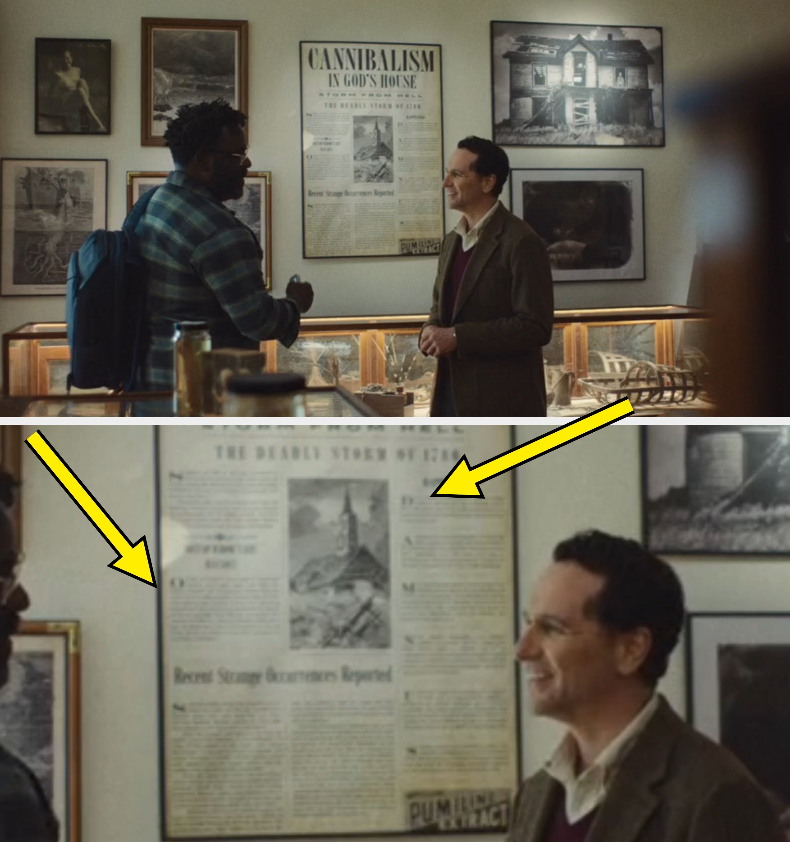 Two radical   successful  a museum-like mounting  discuss. Walls show  vintage photos and a “Cannibalism successful  God’s House” poster