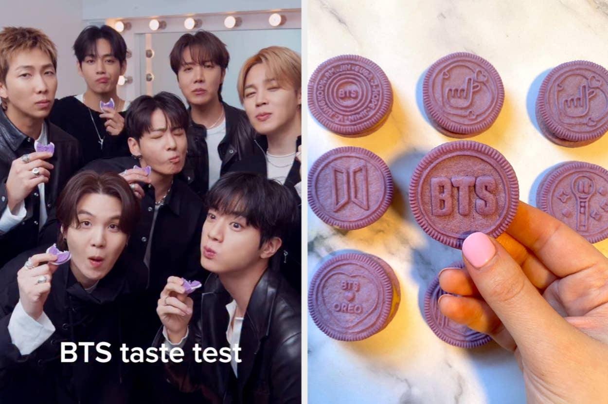 Seven individuals in stylish jackets taste purple cookies marked with BTS-themed designs