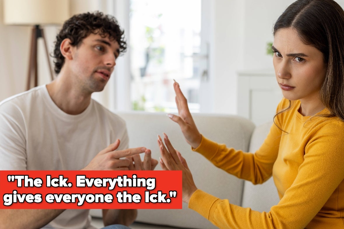Woman expressing disinterest to a man, raising her hand as if saying "stop." Text reads: "The Ick. Everything gives everyone the Ick."