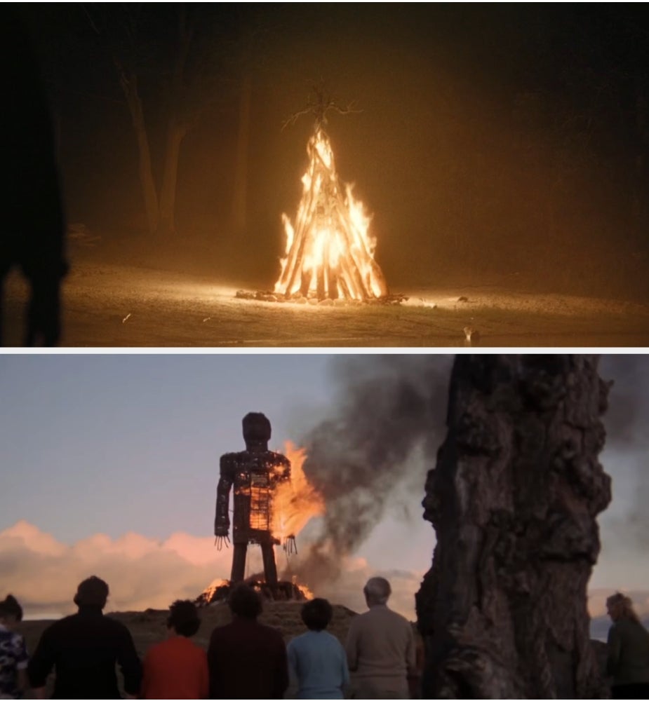  A bonfire burning astatine  nighttime  and onlookers watching a ample  burning operation   resembling a quality  fig  during the day