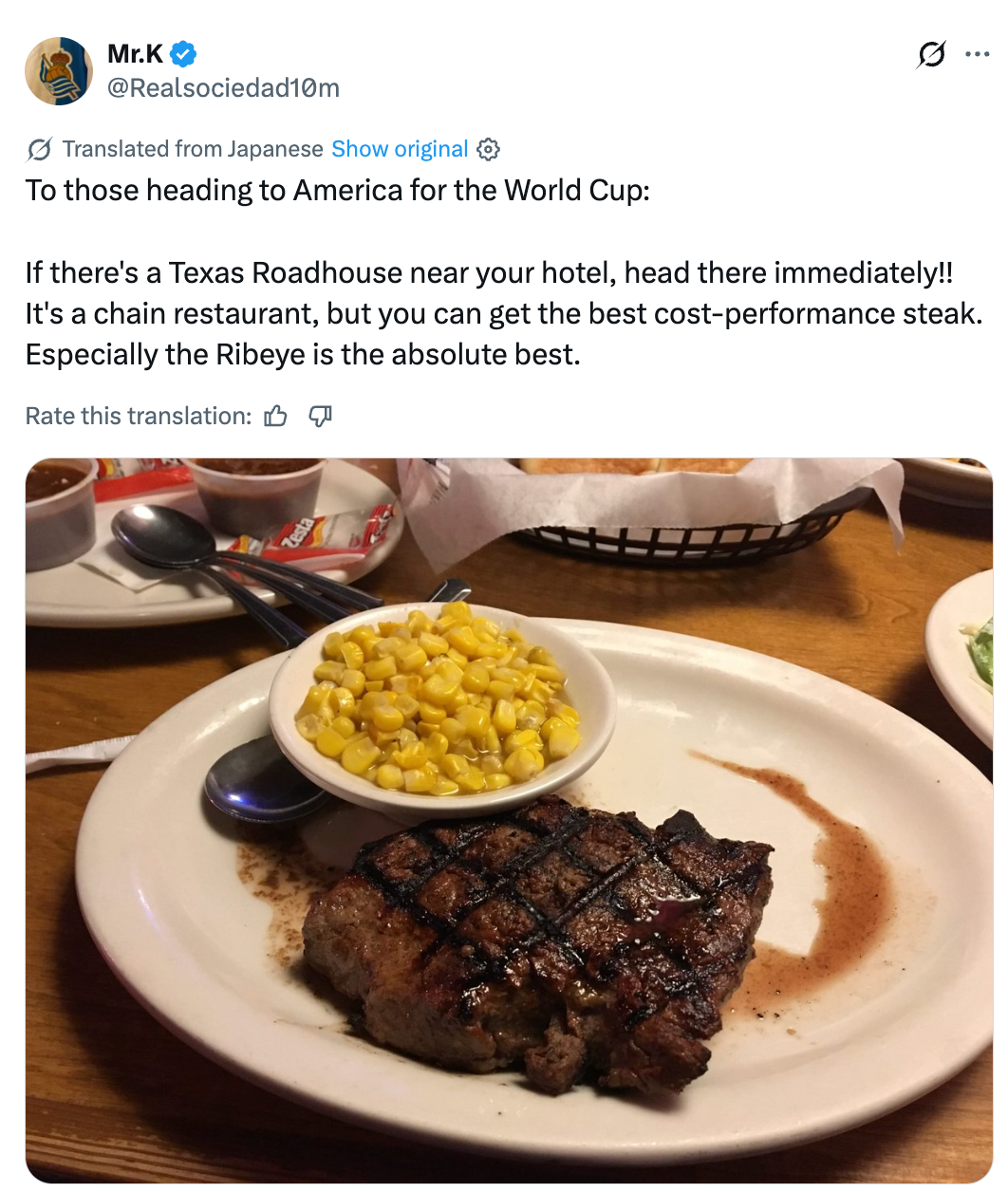 Grilled steak with maize connected the broadside connected a woody table, featured successful a tweet recommending Texas Roadhouse for affordable steak