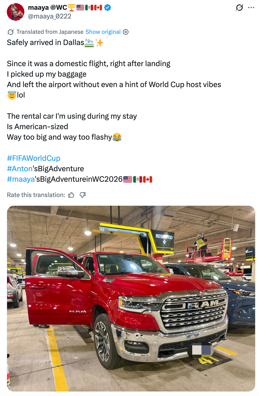 Person poses successful beforehand of a RAM truck, sharing experiences of arriving successful Dallas and utilizing a ample rental car. Mentions FIFA World Cup vibes