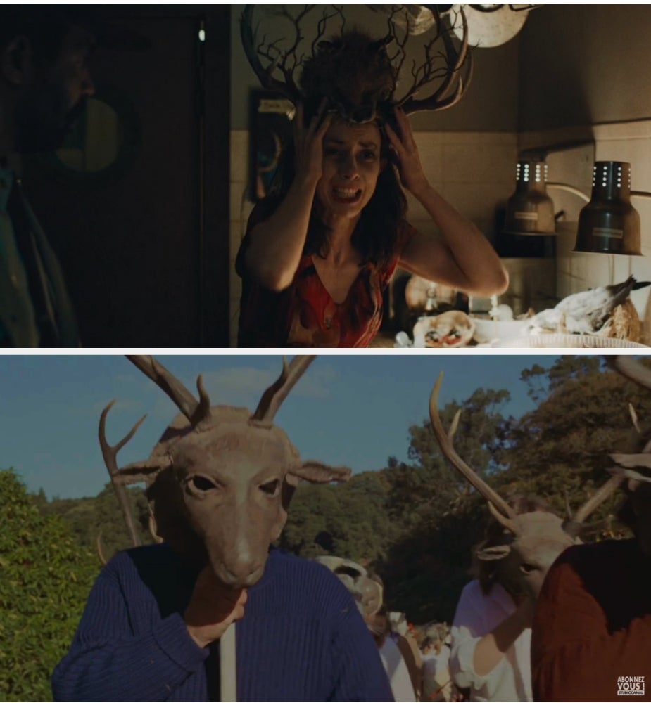  A idiosyncratic   wearing an antler headpiece indoors; a radical  wearing cervid  masks outdoors