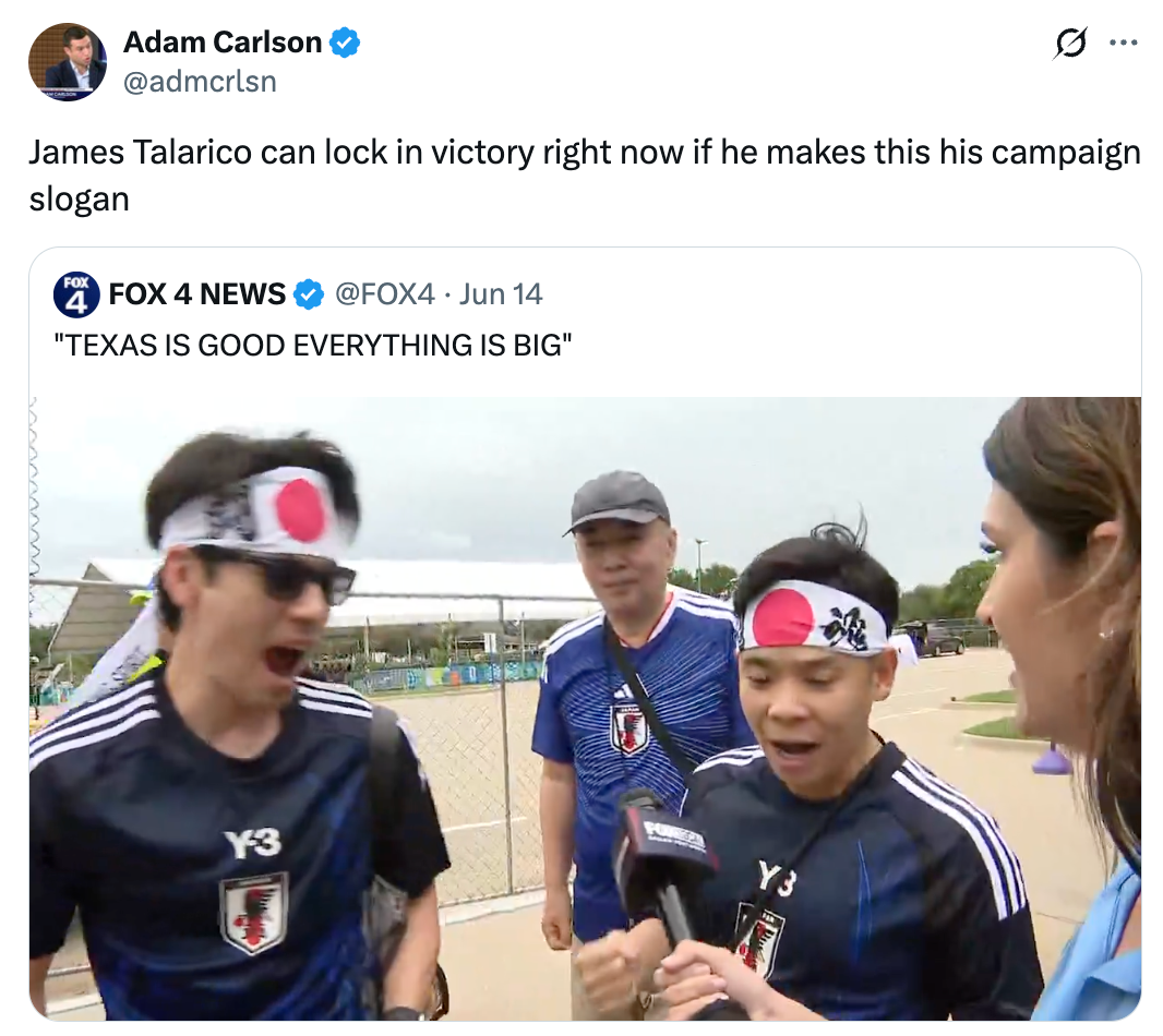 Two radical successful matching sports jerseys and headbands are animatedly speaking with a newsman holding a microphone. Tweet substance above