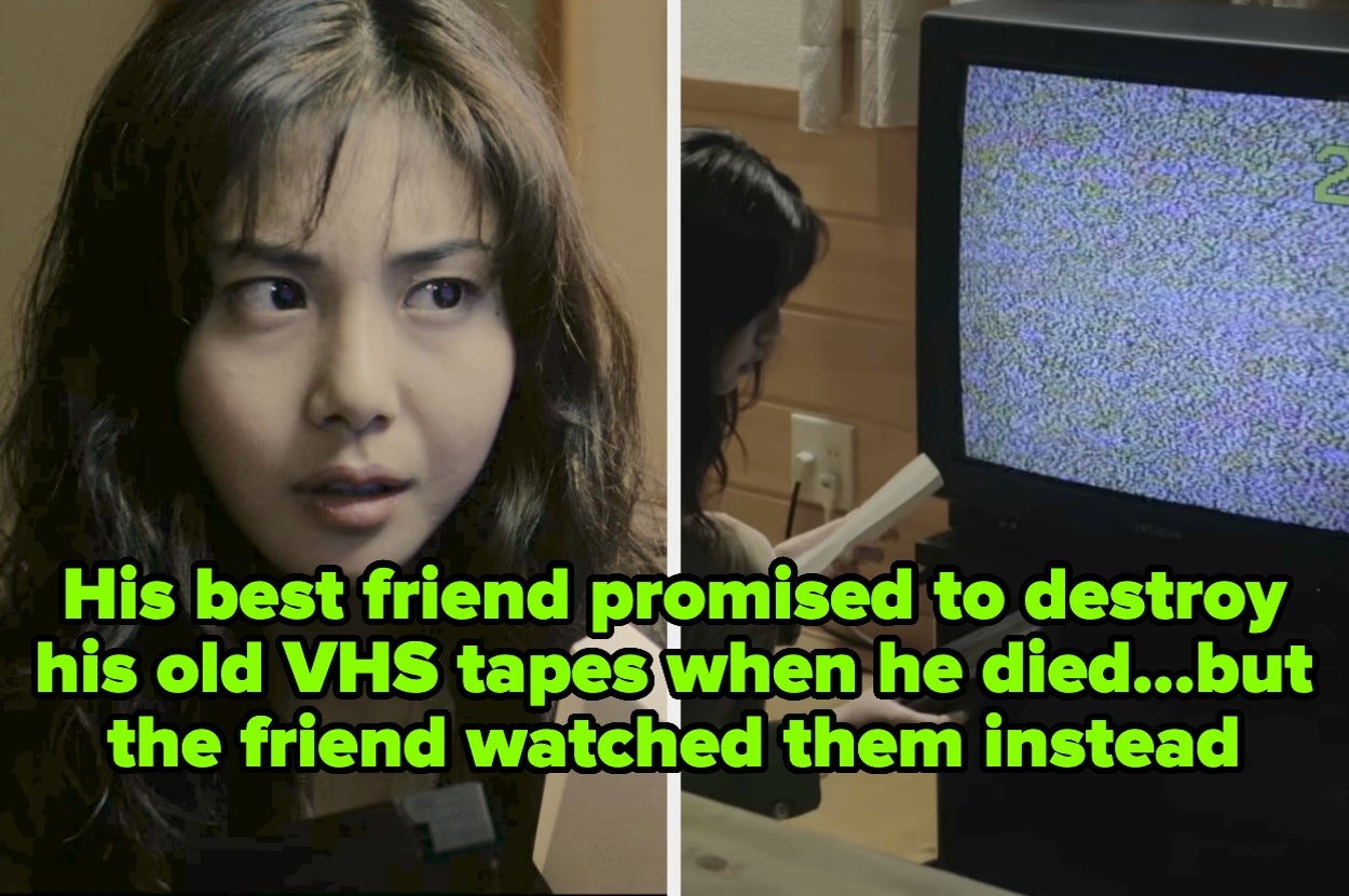 Woman looks concerned at a static-filled TV, with text: "His best friend promised to destroy his old VHS tapes when he died…but the friend watched them instead"