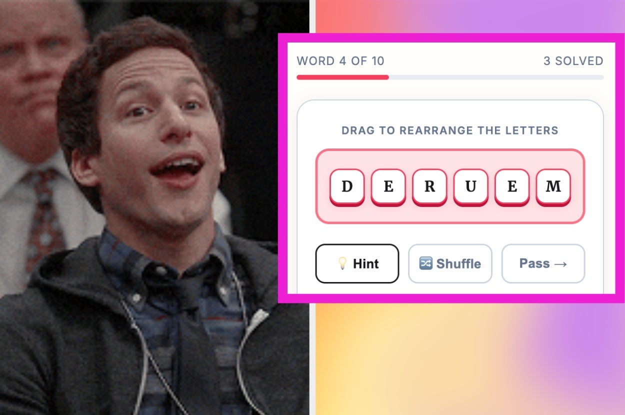 A person watching a word puzzle game on a screen, showing the letters "D E R U E M" with options to hint, shuffle, or pass