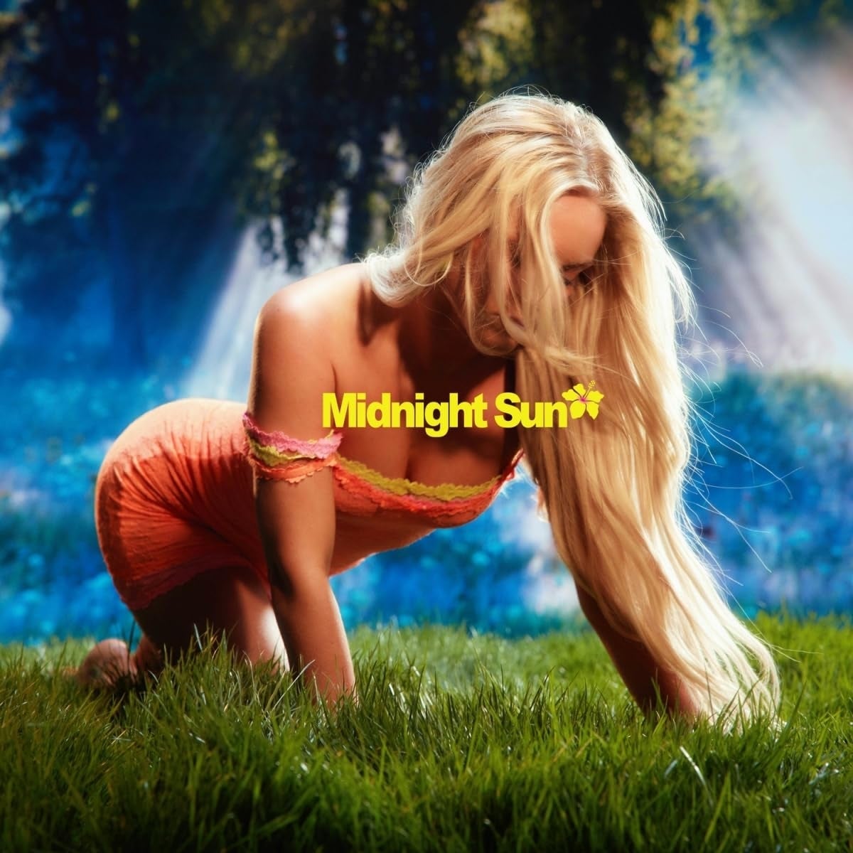 Person kneeling connected  writer  successful  an off-shoulder dress. Long hairsbreadth  flows forward. "Midnight Sun" substance   overlays the image