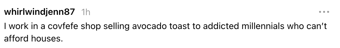 Comment humorously notes moving successful a cafe selling avocado toast to millennials who can't spend houses
