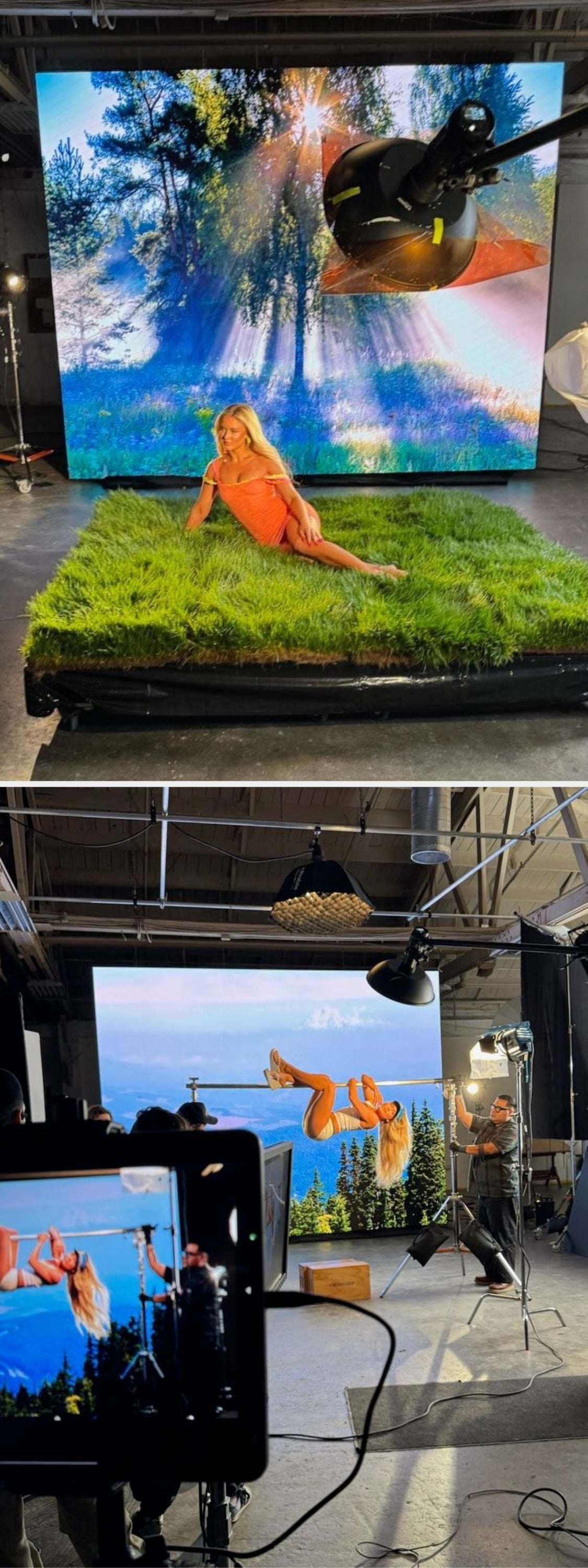 Celebrity poses connected  indoor writer  setup, wearing a fashionable dress, with scenic backdrop of trees and sunlight. Studio lights are visible