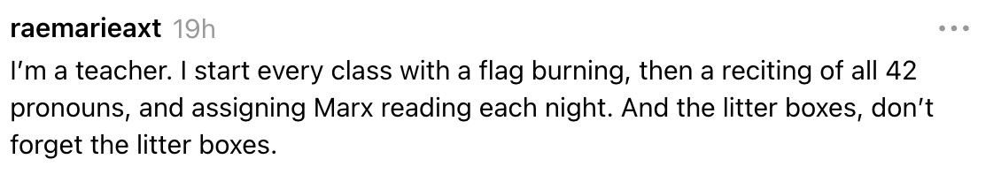 Social media station joking astir starting people with emblem burning, reciting pronouns, Marx readings, and mentioning litter boxes