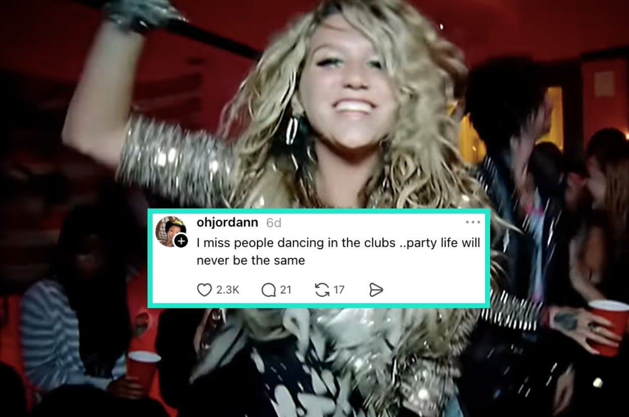 Person dancing at a party; overlayed Tweet says, "I miss people dancing in the clubs...party life will never be the same," with likes and comments