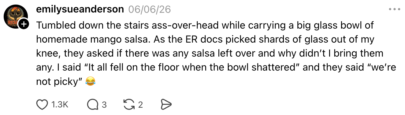 A social media post humorously recounts falling with mango salsa and joking with ER doctors who asked if any salsa was left