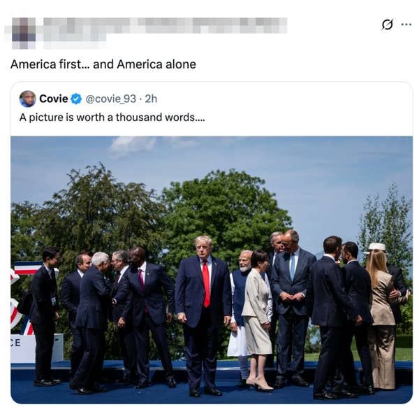 Politicians gather outdoors; one stands alone while others converse. The scene suggests political isolation. Tweets comment on the situation