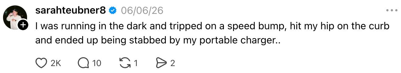 Social media post by user sarahteubner8 describing a mishap while running in the dark, resulting in injury from a portable charger