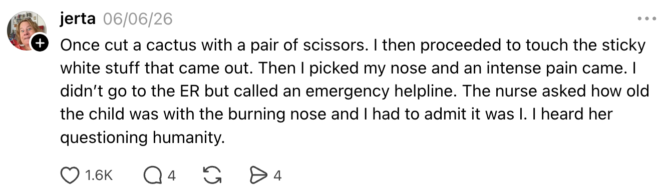 A social media post humorously recounts an adult's mishap with a cactus, leading to calling a helpline for self-inflicted nose pain