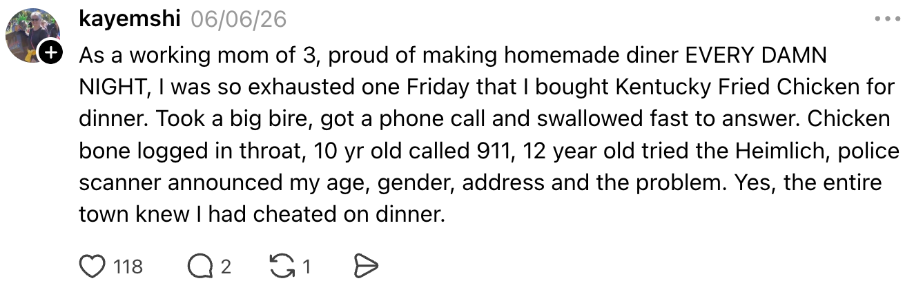 A mom shared a humorous story about ordering KFC for dinner, choking, and the local response when her son called 911