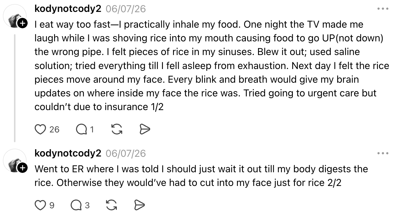 Two text posts where the writer describes an incident of inhaling rice, causing a sinus blockage. They faced multiple health issues and ER visits