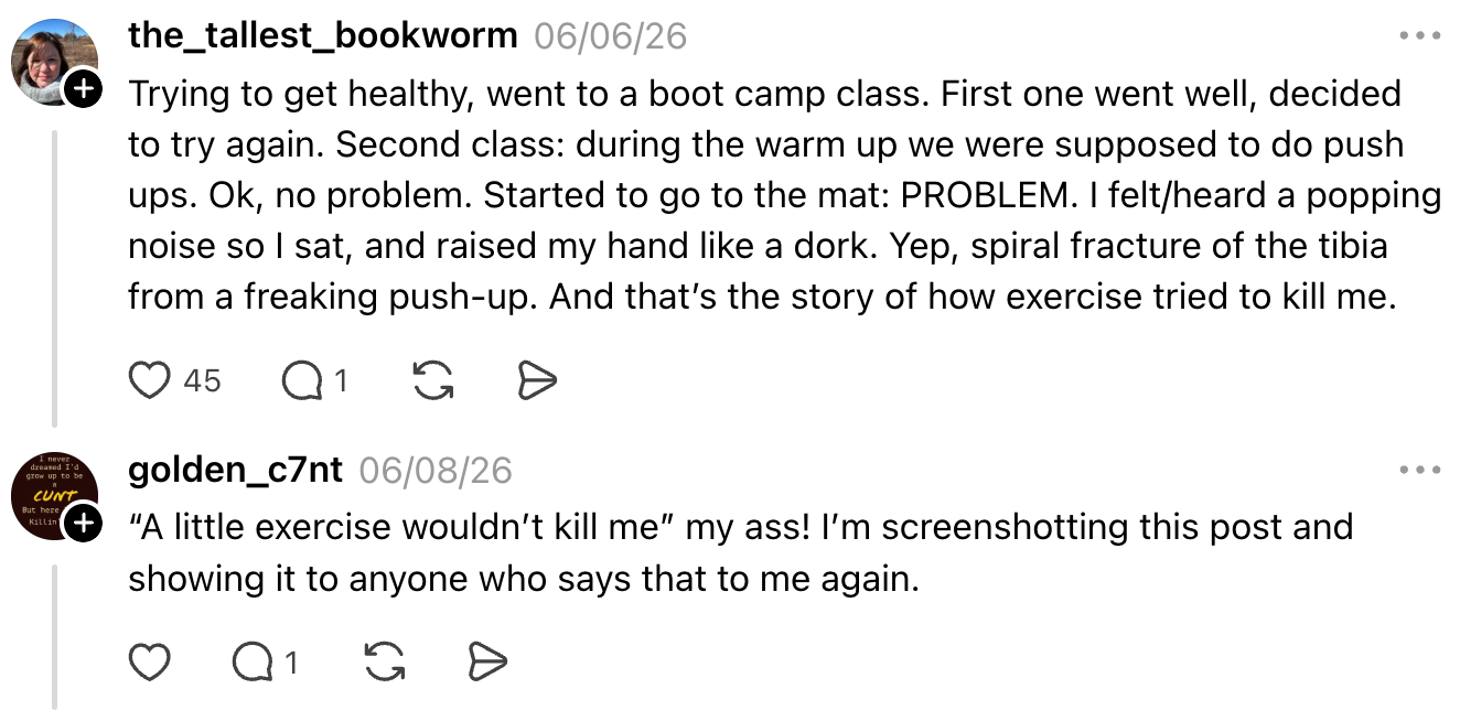 Two social media posts about exercise mishaps. One describes a tibia injury during boot camp; the other reacts humorously about exercise-related injuries