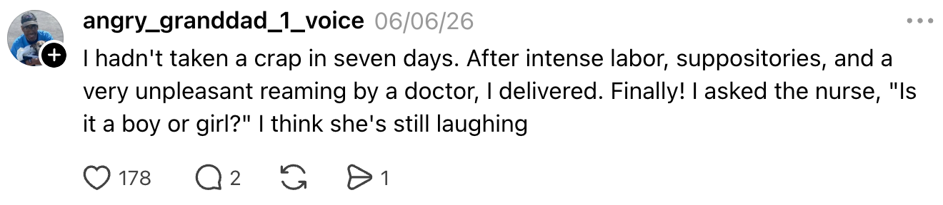 Social media post joking about a constipation experience, mentioning labor-like effort, suppositories, and a humorous comment to a nurse