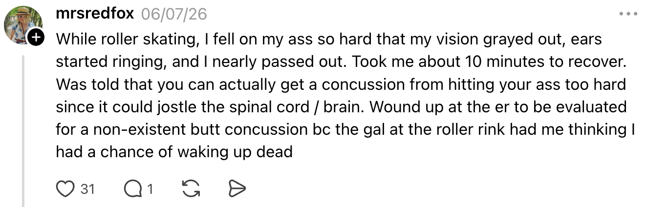 Text post about a roller skating fall causing a hard hit, leading to a concussion scare and an ER visit for evaluation