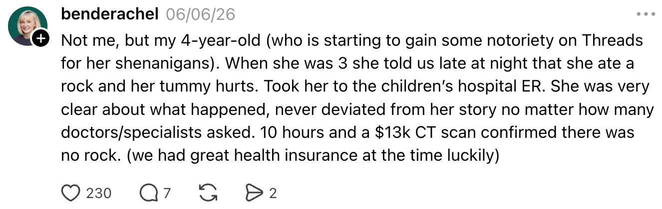 A parent shares a story about their young child eating a rock, leading to a hospital ER visit and a CT scan revealing no rock