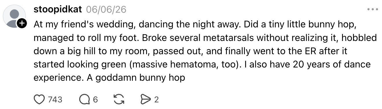 Social media post: User shares a humorous misfortune at a friend's wedding, breaking metatarsals while dancing and ending up in the ER