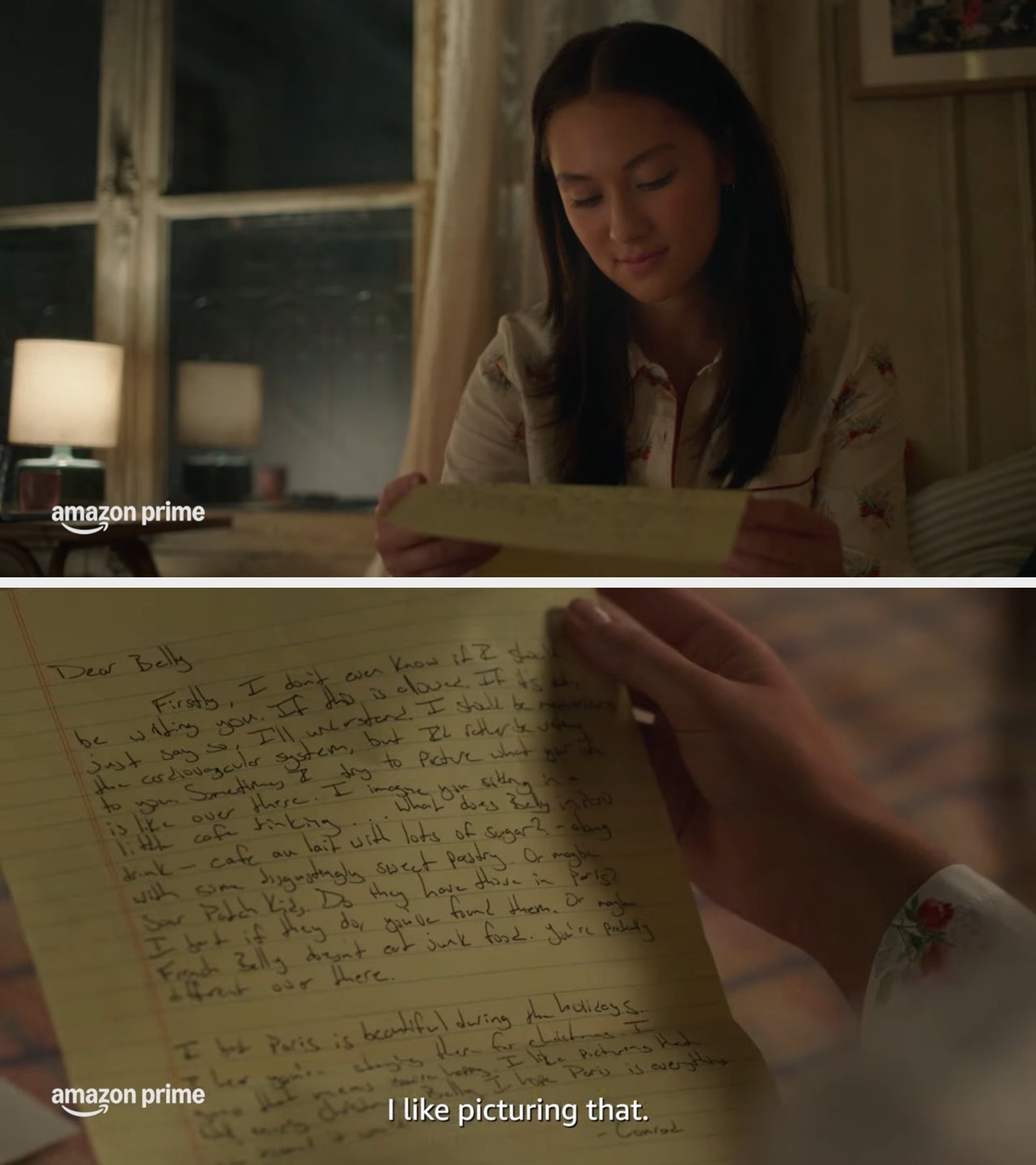 Person holding a handwritten letter. Subtitles connected  the representation  read, "I similar  picturing that."