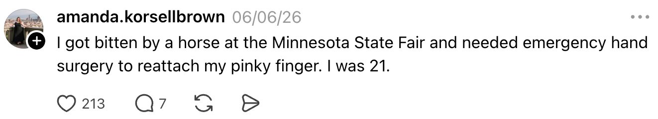 Social media post by amanda.korsellbrown sharing a story about being bitten by a horse at the Minnesota State Fair, leading to hand surgery at age 21