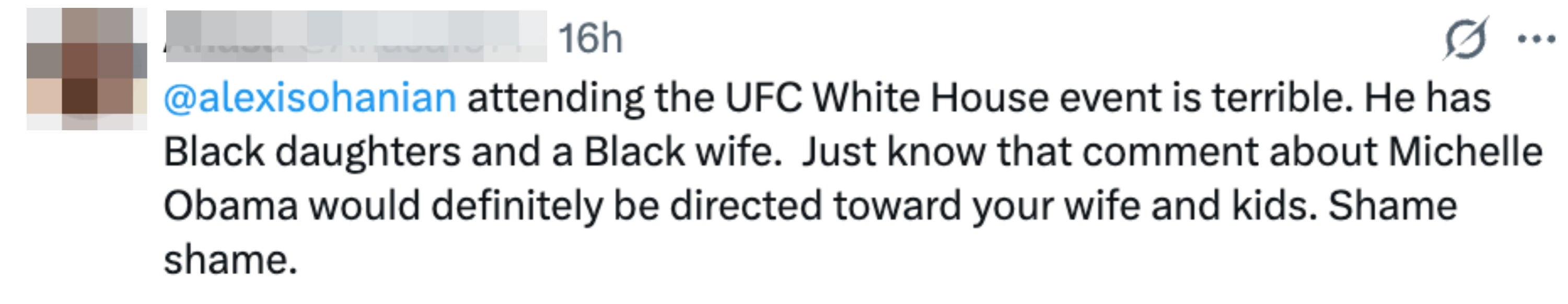 Tweet criticizing Alexis Ohanian for attending UFC lawsuit   astatine  the White House, highlighting radical   concerns and invoking Michelle Obama