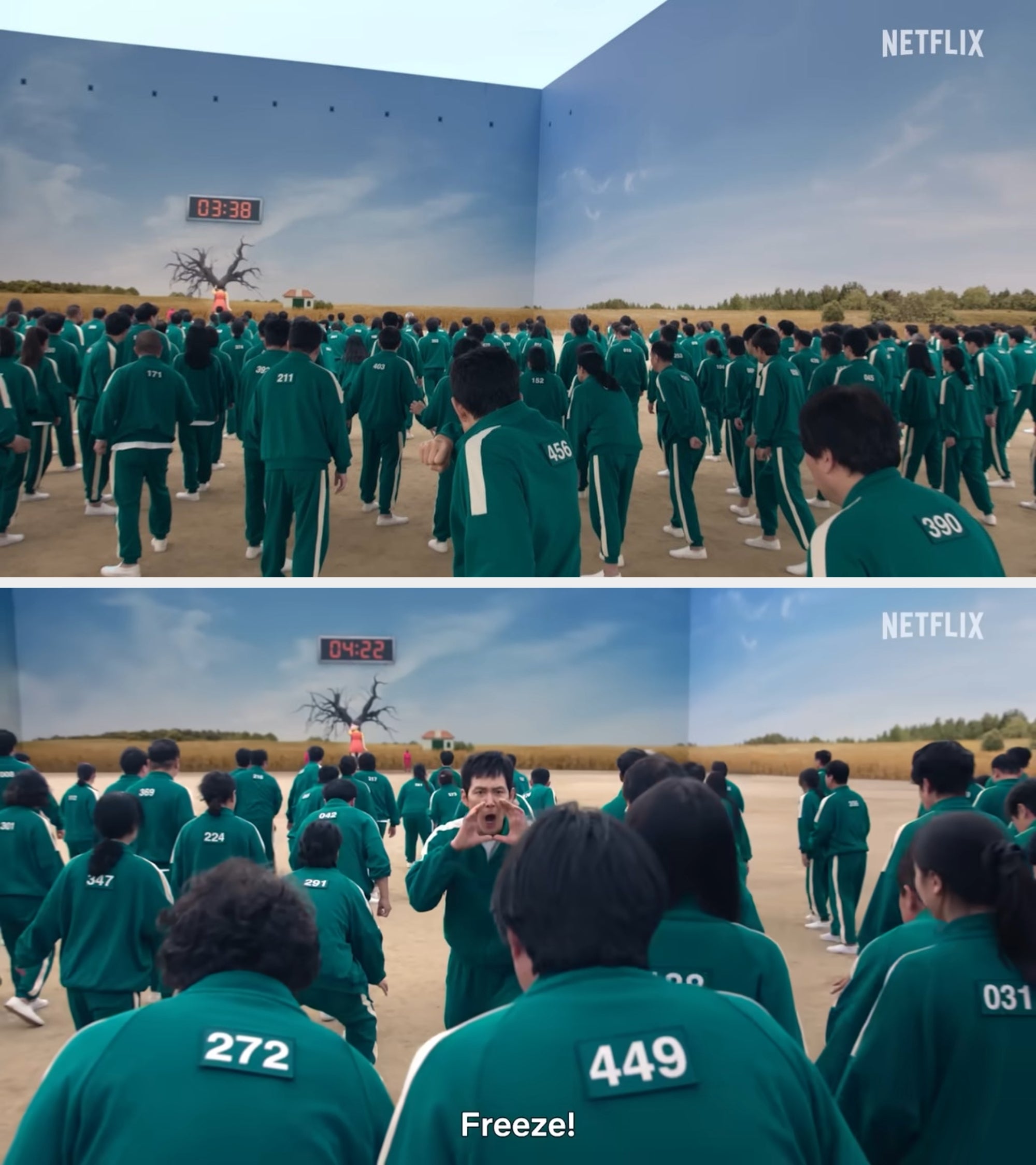 Numerous radical   successful  greenish  tracksuits enactment   successful  a crippled  connected  a ample  field, with a timer and a histrion   successful  the background