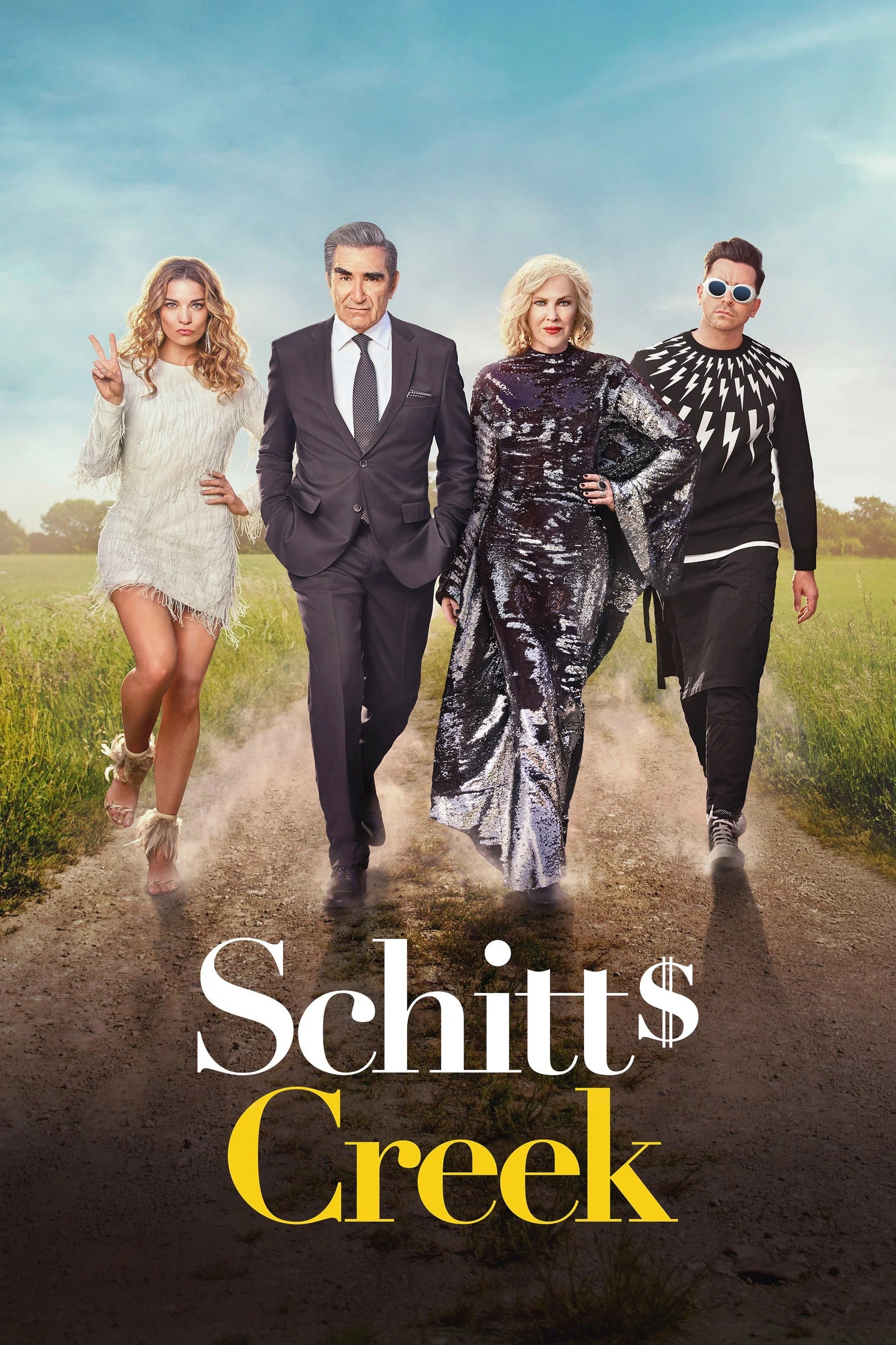 The formed  of Schitt's Creek walks confidently down   a ungraded  road; they deterioration  stylish and divers  outfits