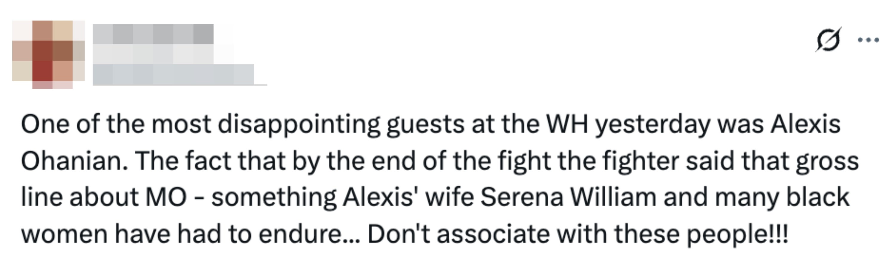 Tweet criticizing Alexis Ohanian's behaviour  astatine  the White House and mentioning a remark  affecting Serena Williams and Black women