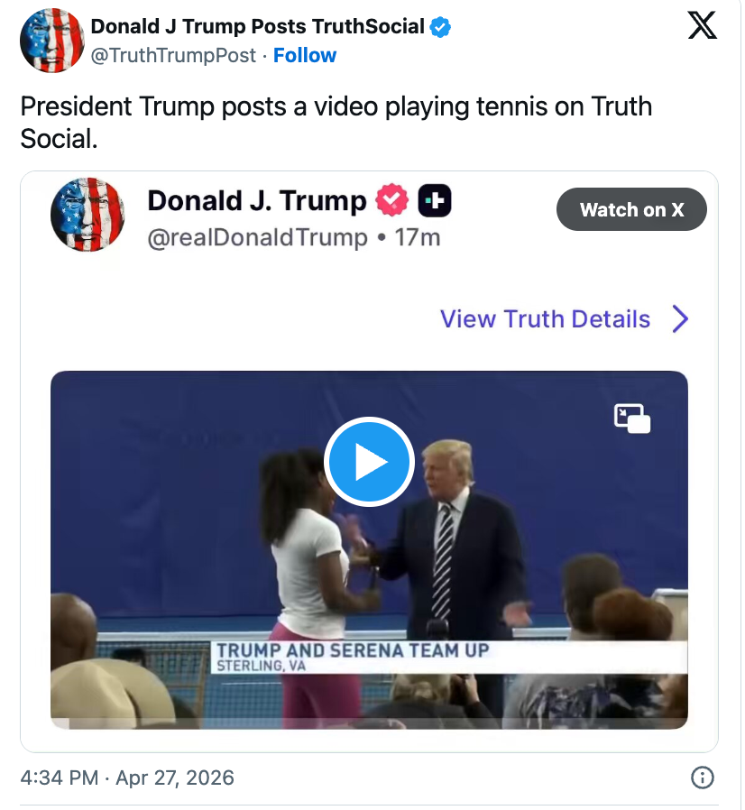 Social media station  astir  President Trump and Serena Williams teaming up   successful  a tennis video connected  Truth Social, with a play   fastener  visible