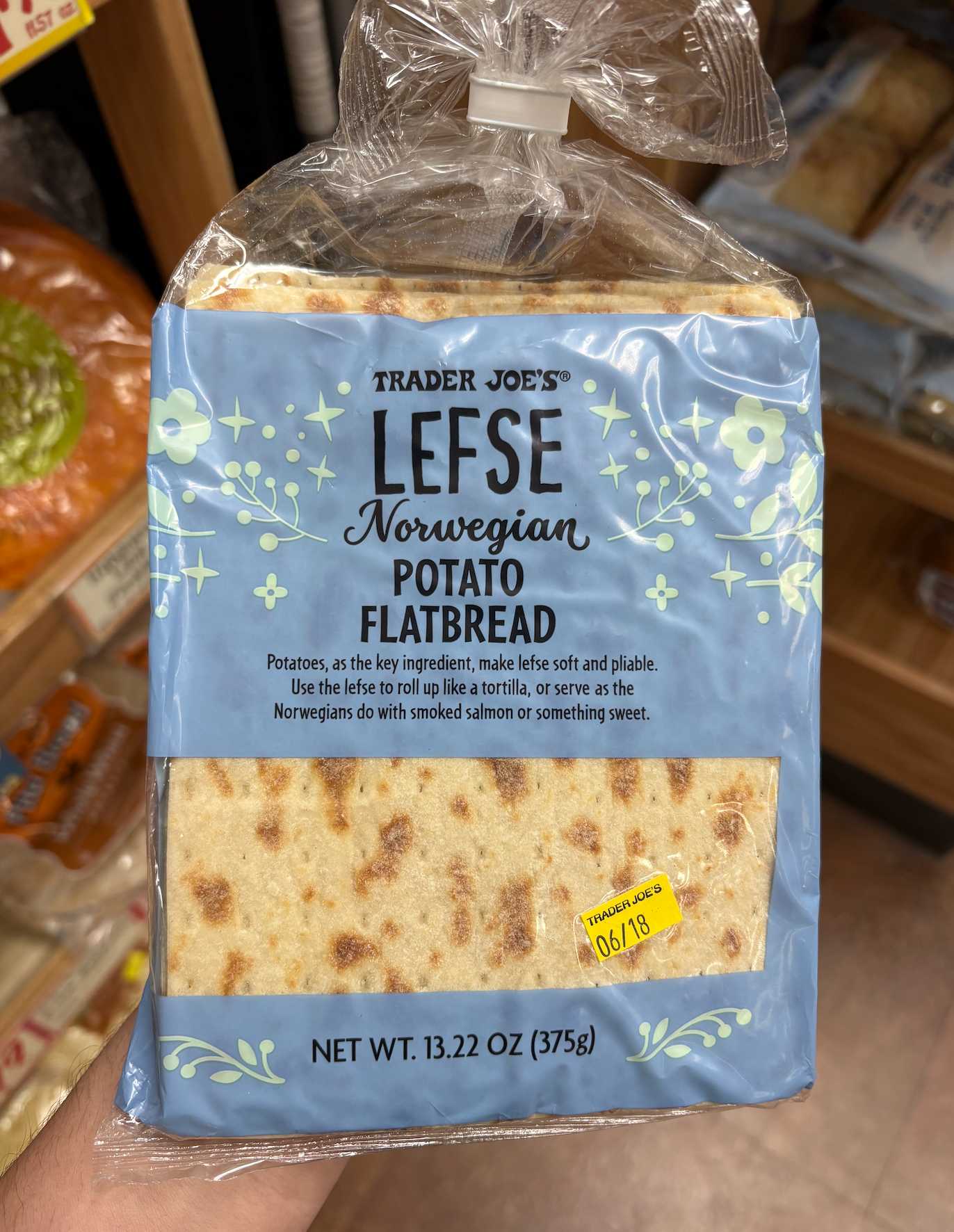 Package of Trader Joe's Norwegian Potato Flatbread, 13.22 oz. Describes usage and pairing suggestions. Contains potato as the key ingredient
