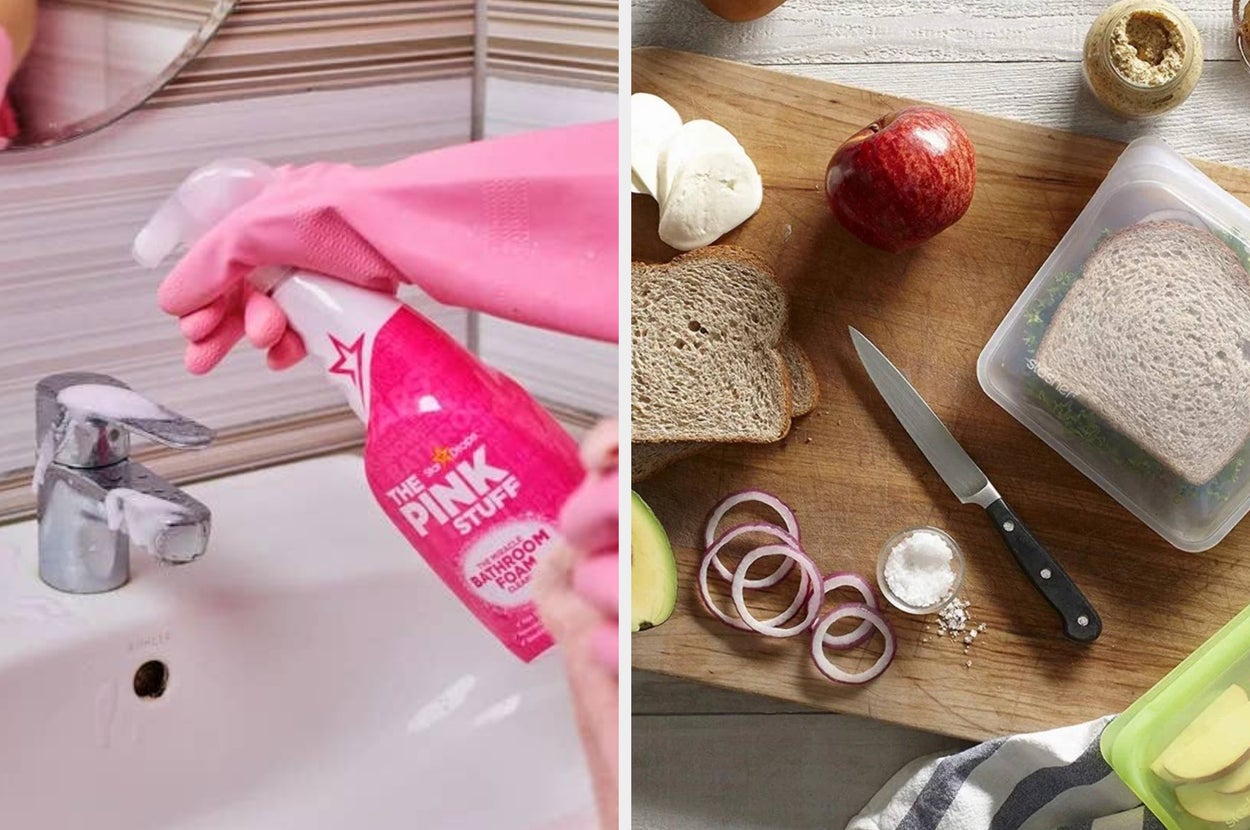 Person cleaning a faucet with The Pink Stuff spray; adjacent is a cutting board with sandwich ingredients like bread, avocado, and an apple