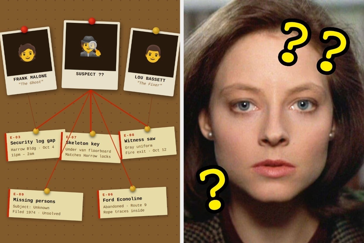 Detective board with suspects and clues including photos and notes, alongside an image of a focused person with question marks