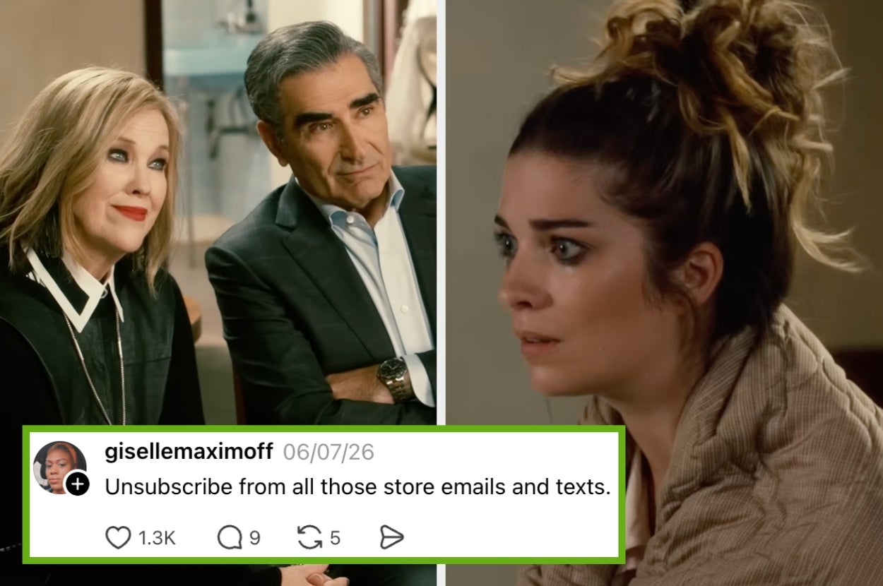A woman looks worried while two older people sit calmly. Text overlay says, "Unsubscribe from all those store emails and texts."