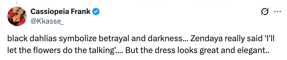 Tweet discussing achromatic dahlias symbolizing betrayal. Mentions Zendaya's formal arsenic large and elegant, contrasting with the flower's meaning