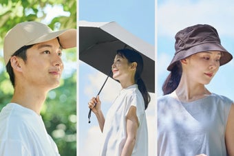 &ONDOのCOOL遮熱 キャップ、軽量日傘、ハットを着用している様子