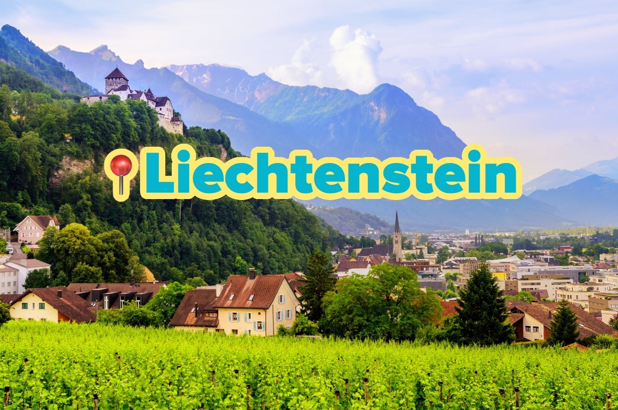 Scenic view of Liechtenstein with mountains, vineyards, and buildings, overlaid with the word "Liechtenstein" and a location pin symbol