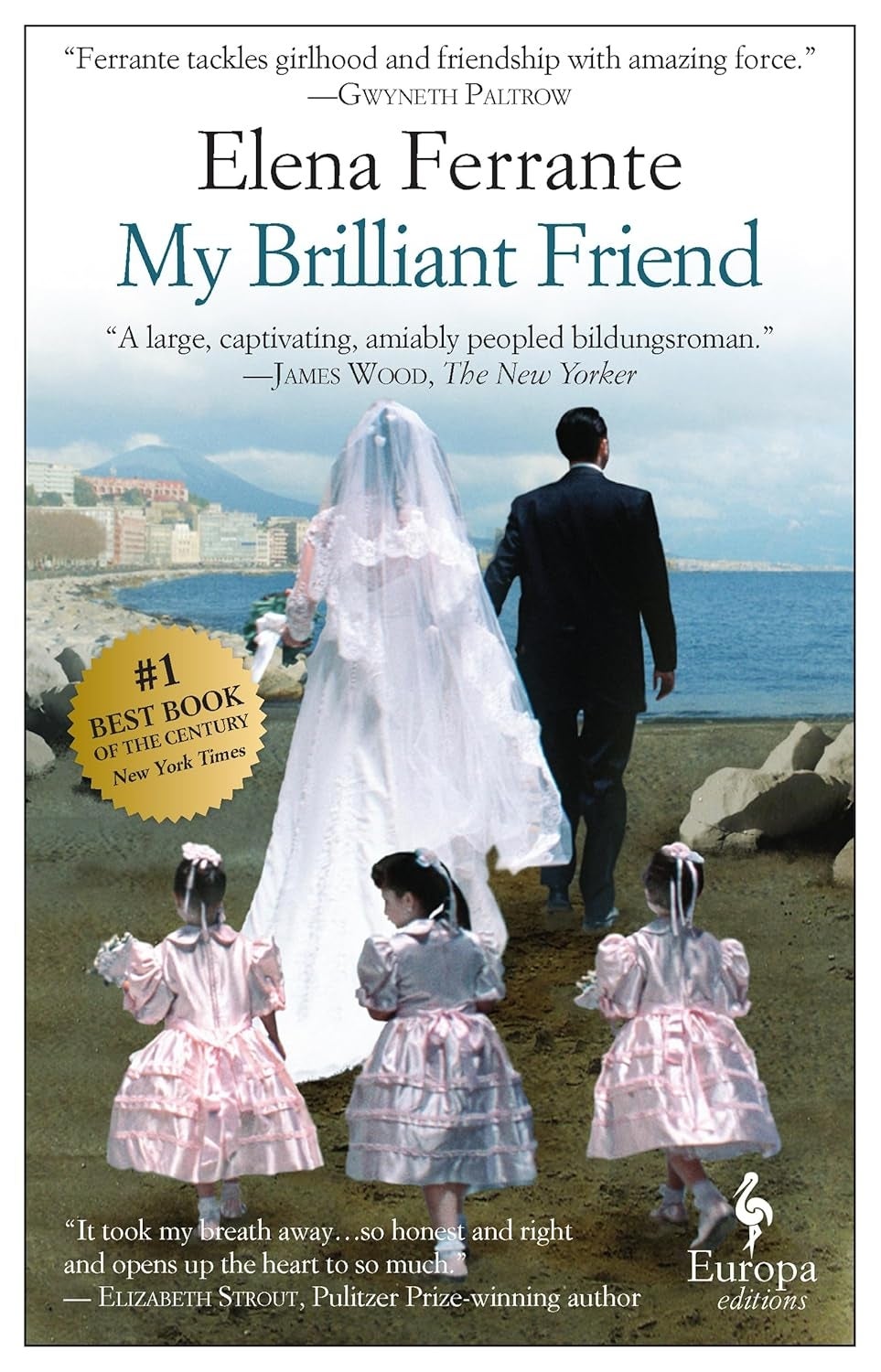 Cover of "My Brilliant Friend" by Elena Ferrante, featuring a seaside representation  and praise from notable publications