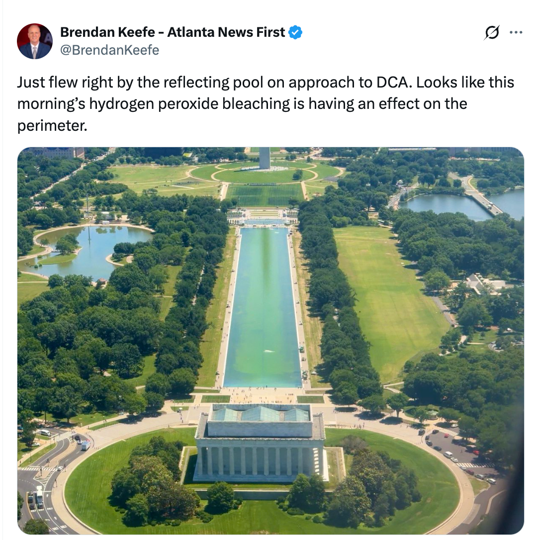 Aerial presumption of the Lincoln Memorial Reflecting Pool and surrounding country successful Washington, D.C., with a tweet mentioning hydrogen peroxide bleaching effects