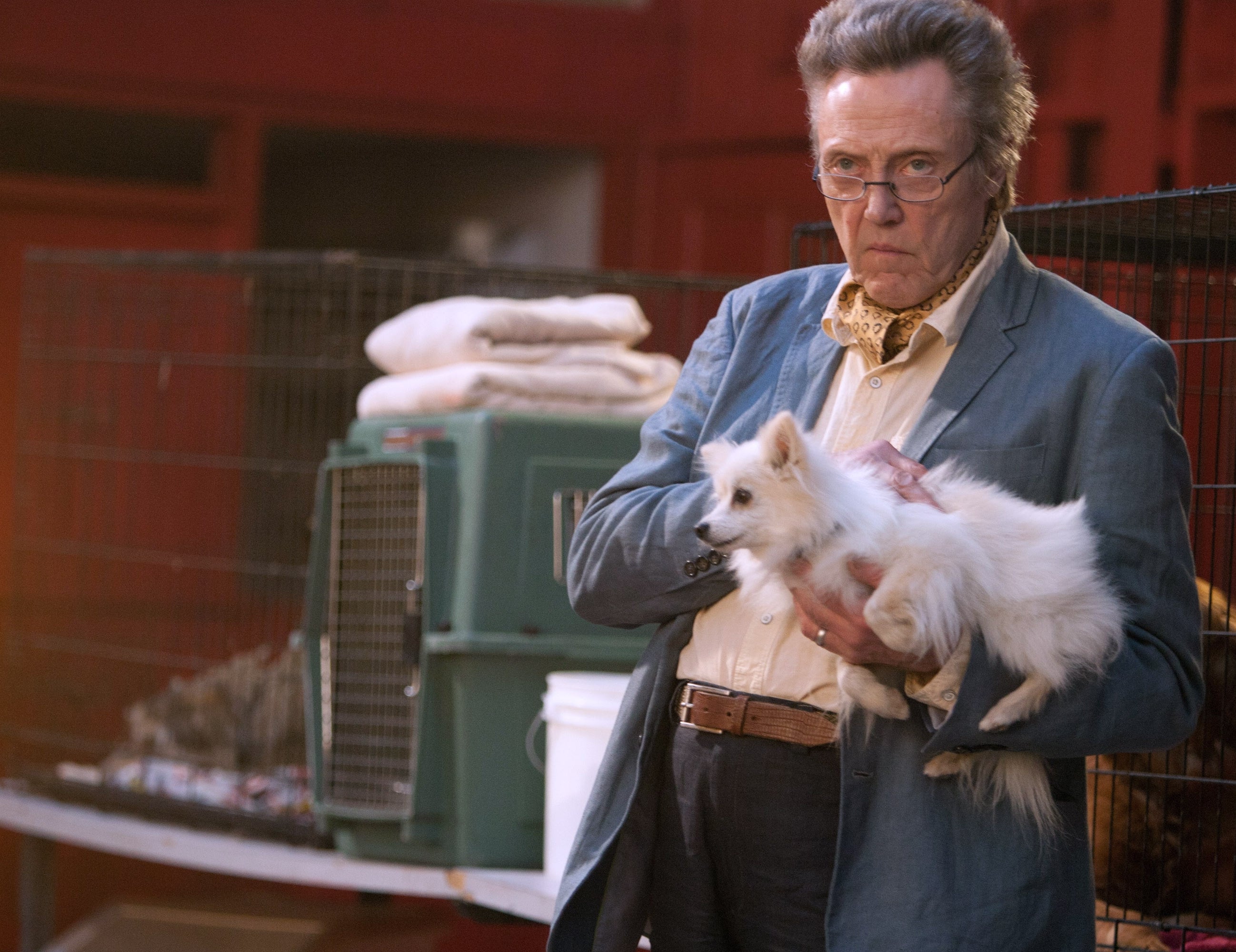 Christopher Walken in the movie Seven Psychopaths holding a small fluffy white dog with animal cages in the background